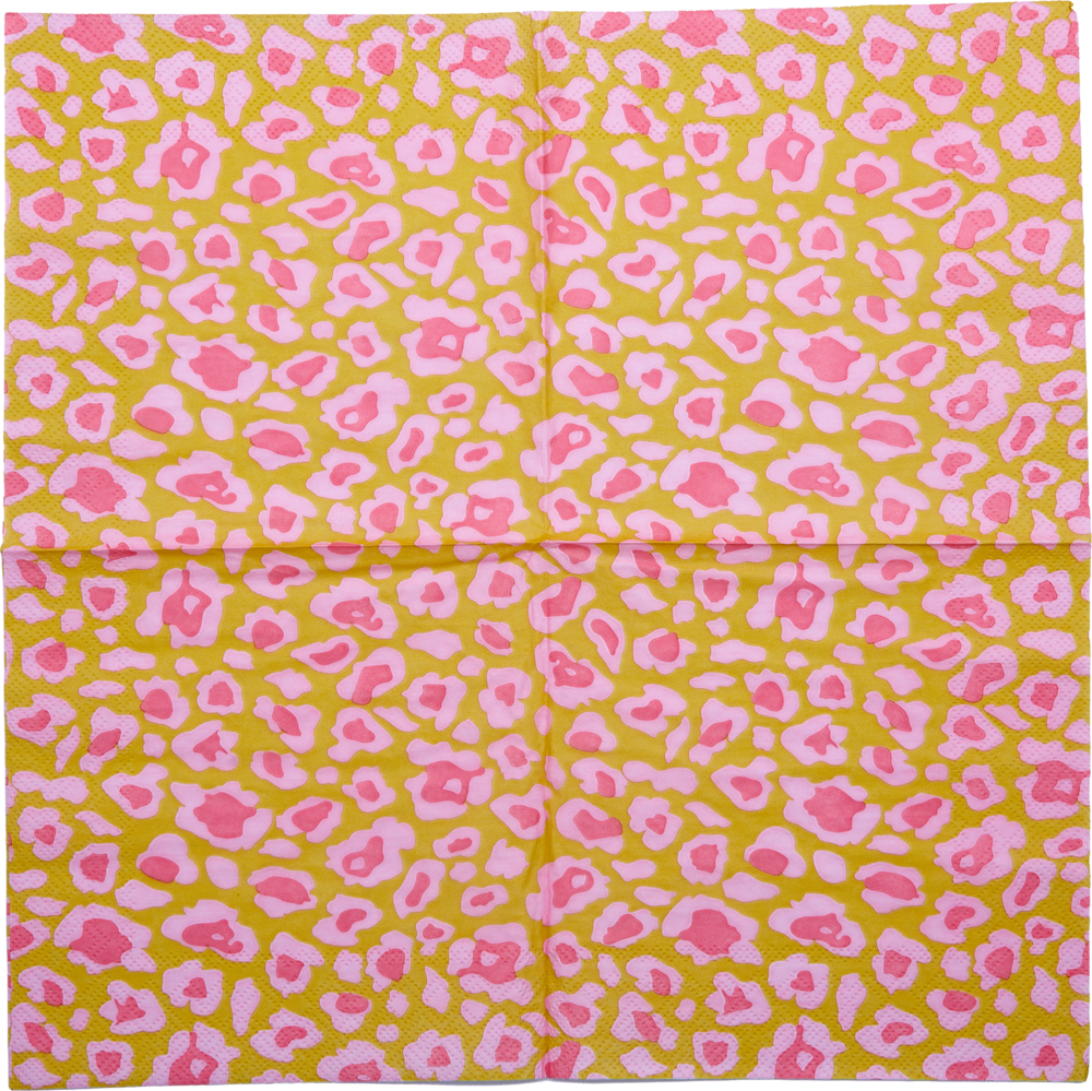 Aufgefaltene quadratische Serviette mit senfgelbem Hintergrund und rosa Leopardenmuster.