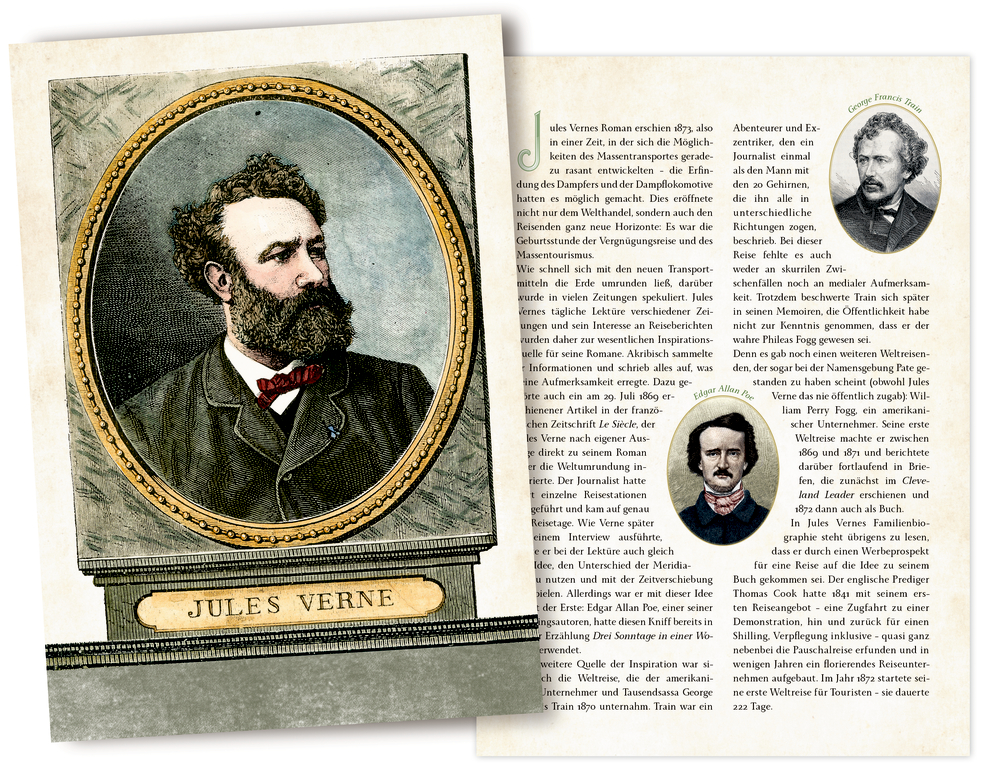 Plakettenporträt von Jules Verne über zwei illustrierte  Buchseiten über ihn, als Beilage.