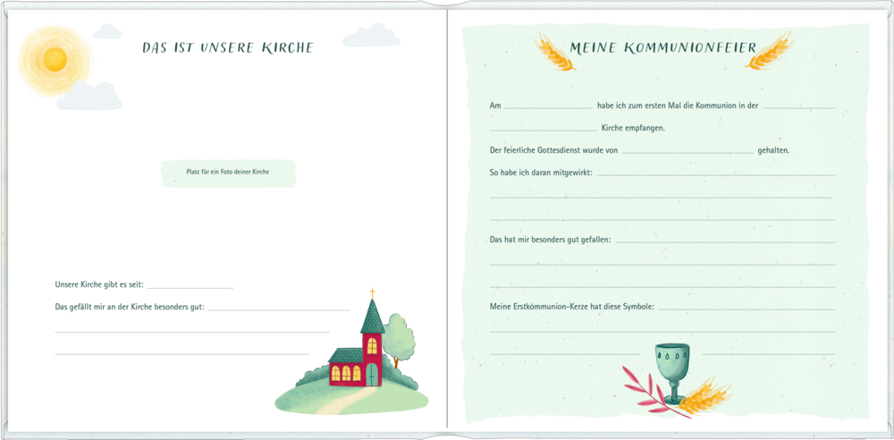 Offenes Erinnerungsbuch: Abbildung illustrierte Kirche und Sonne links; linierte Seiten zum Ausfüllen für die Kommunionfeier rechts.