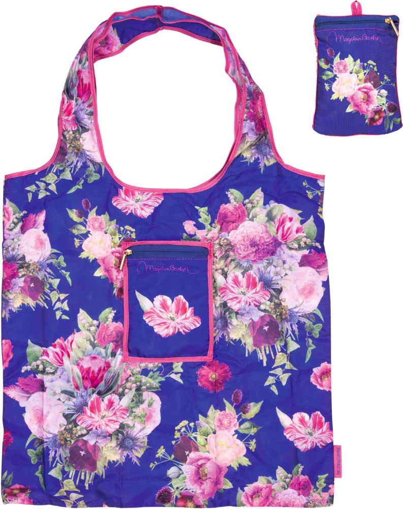 Faltbare Einkaufstasche mit buntem Blumenmuster auf blauem Grund und passender kleiner Aufbewahrungstasche.