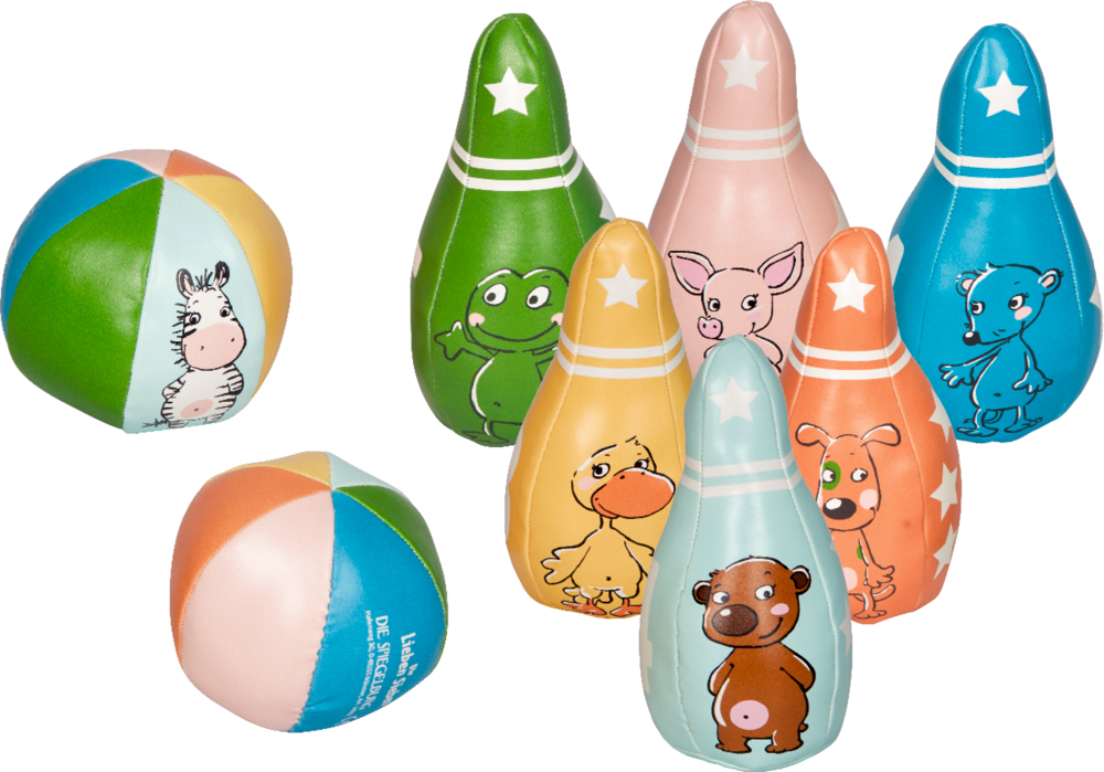 Bunte Kegel und zwei weiche Bälle, jeweils mit fröhlichen Tiermotiven gestaltet.