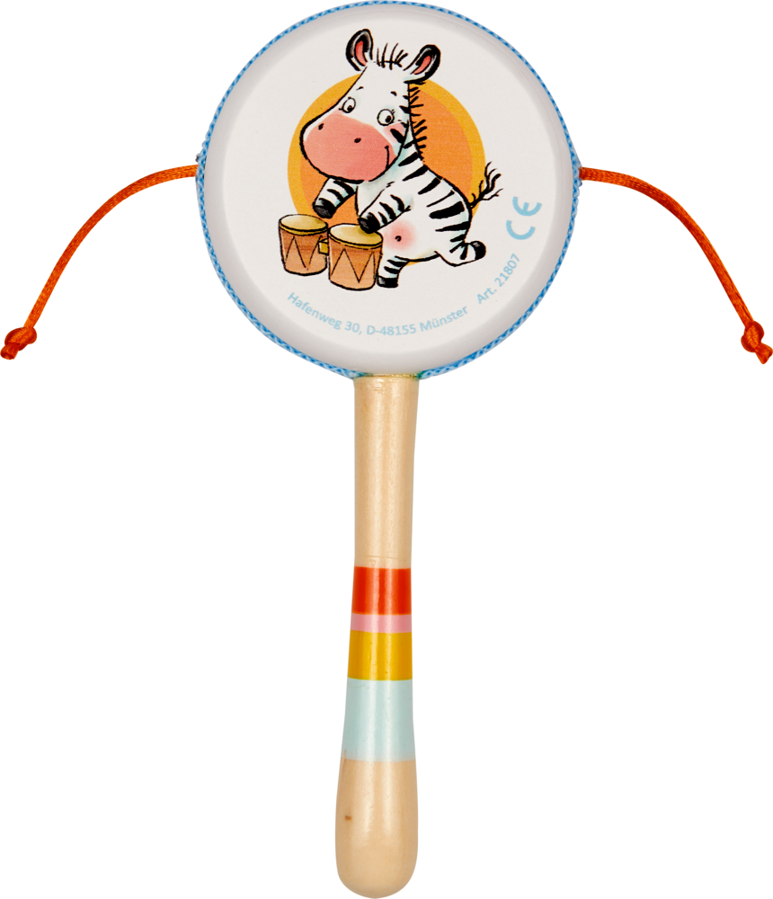 Bunte Handtrommeln mit trommelndem Zebra-Motiv und farbig verziertem Holzgriff. An den Seiten hängen zwei kurze Schnüre mit Knoten.