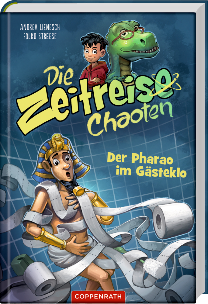 Buchcover mit gezeichnetem Jungen, Dinosaurier mit Brille und Pharao, der in Toilettenpapier gewickelt ist.