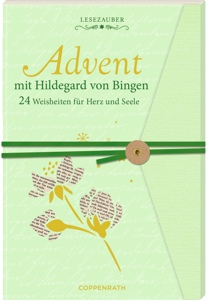 Grüner Bucheinband: „Advent mit Hildegard von Bingen“ mit floraler Kunst und grüner Schleife.