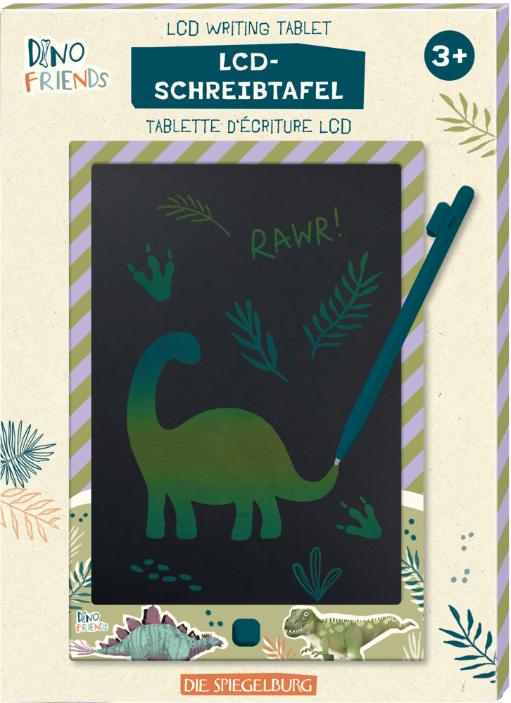 LCD-Schreibtafel Verpackung mit grünem Dinosaurier und Pflanzenzeichnungen, seitlich ein blauer Stift.