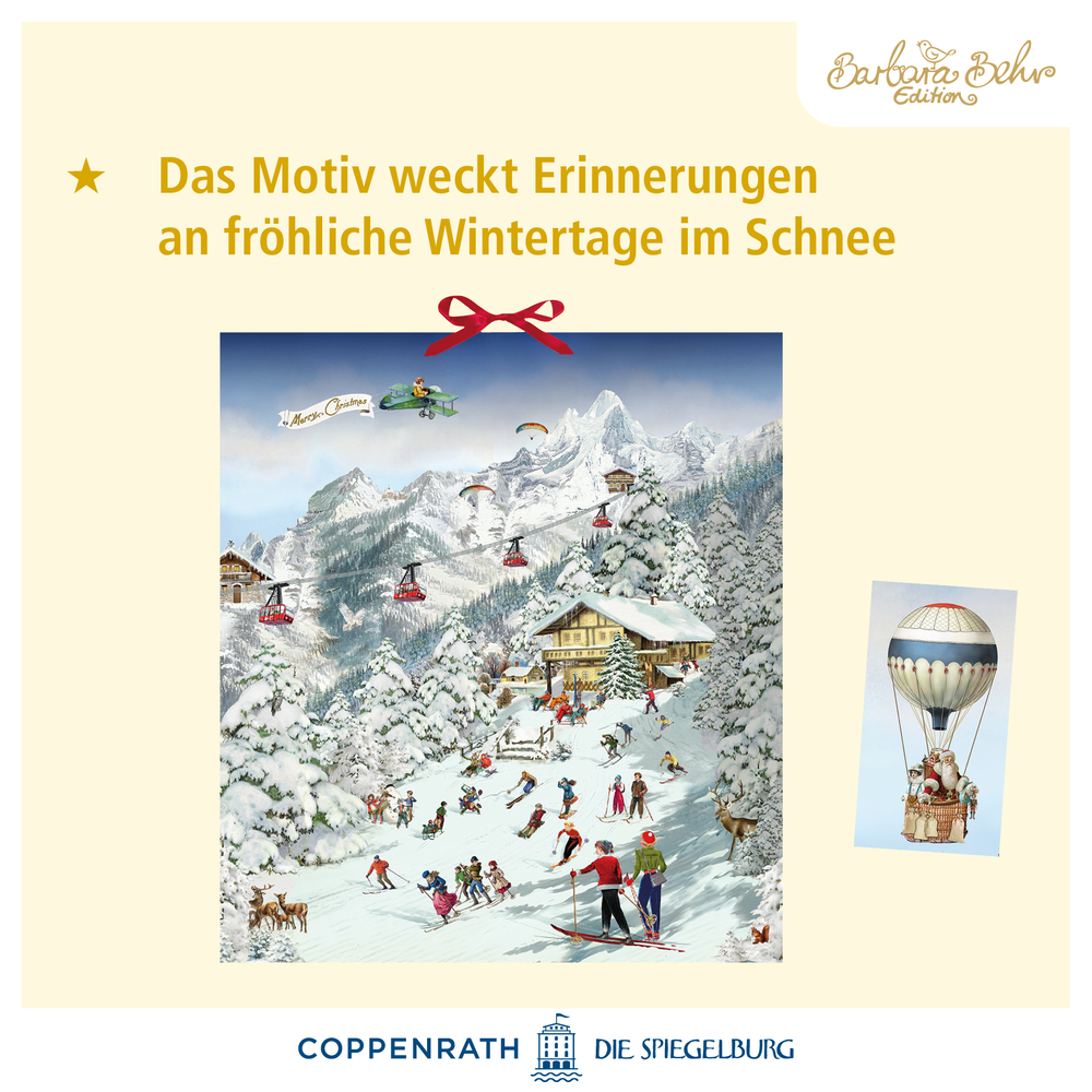 Illustration einer verschneiten Berglandschaft mit Skifahrern, Seilbahn, Holzhäusern und einem Heißluftballon.