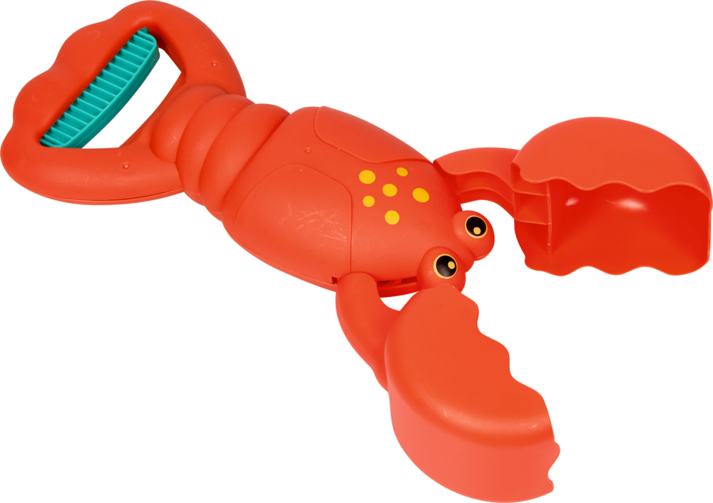 Rotes Hummerspielzeug aus Kunststoff mit großen Scheren, gelben Punkten, Comicaugen und einem Griff am Schwanz.