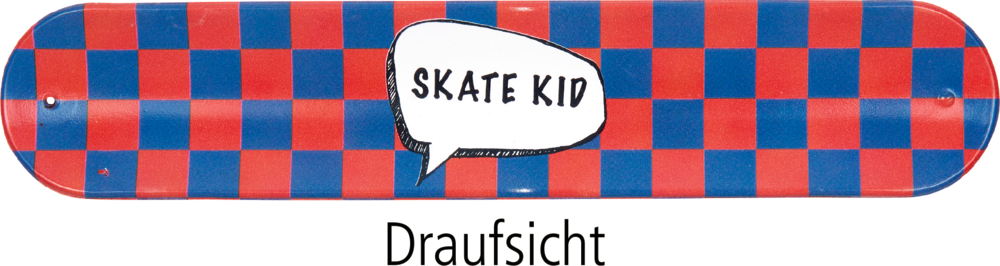 Rotes und blaues Schachbrett-Skateboarddeck mit "SKATE KID" in einer Sprechblase.