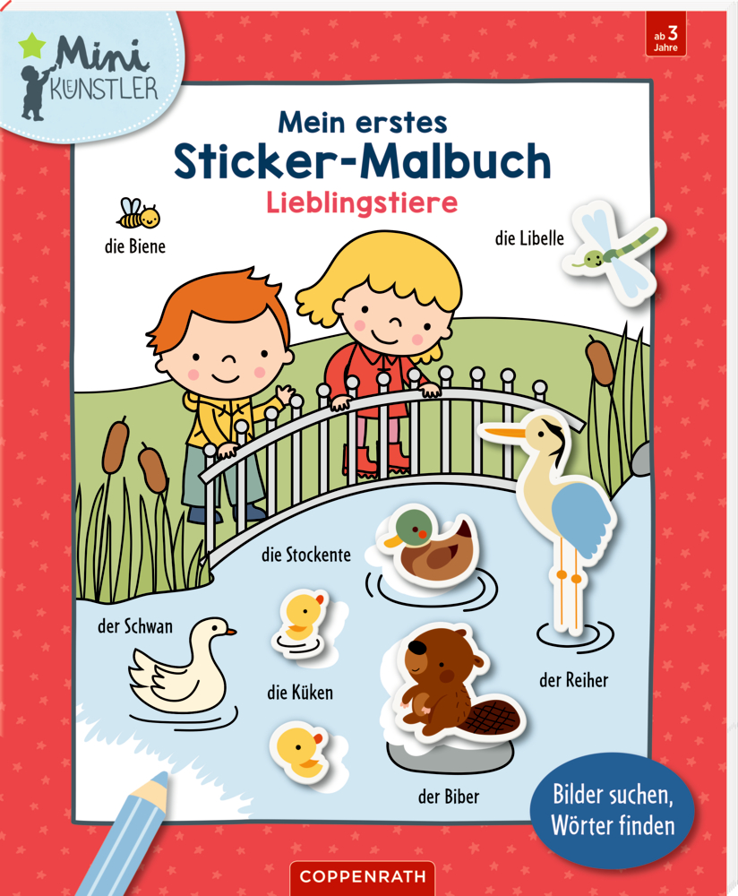 Sticker-Malbuchcover mit zwei Kindern die auf einer Brücke über einem Teich stehen, umgeben von Lieblingstieren.