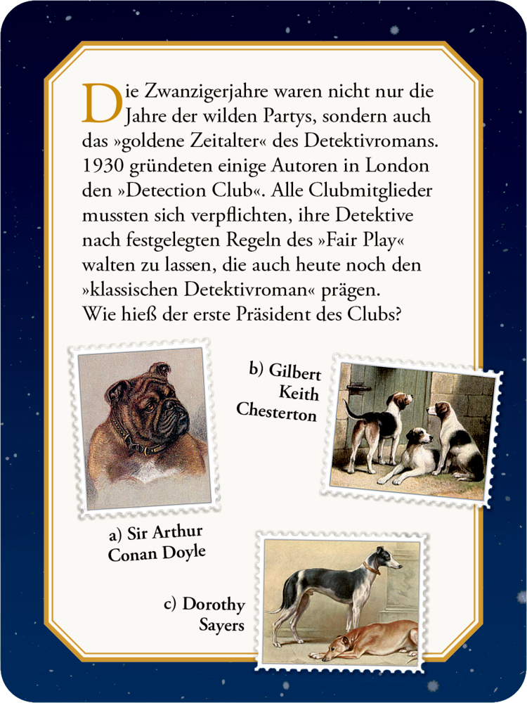 Quizseite, mit der Frage: Errate das Mitglied des Detection Clubs! Hundefotos mit den Namen zur Antwortauswahl.