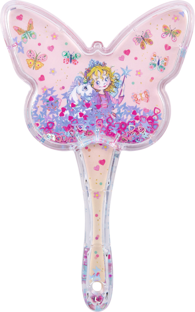 Kunststoffhaarbürste in Schmetterlingsform mit rosa Motiv, Lillifee mit Einhorn und bunten Glitzerpartikeln.
