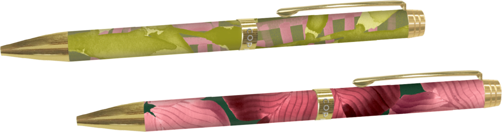 Zwei Kugelschreiber mit goldenen Spitzen und Clips, bunt gemustert in Rosa-, Grün- und Rottönen.