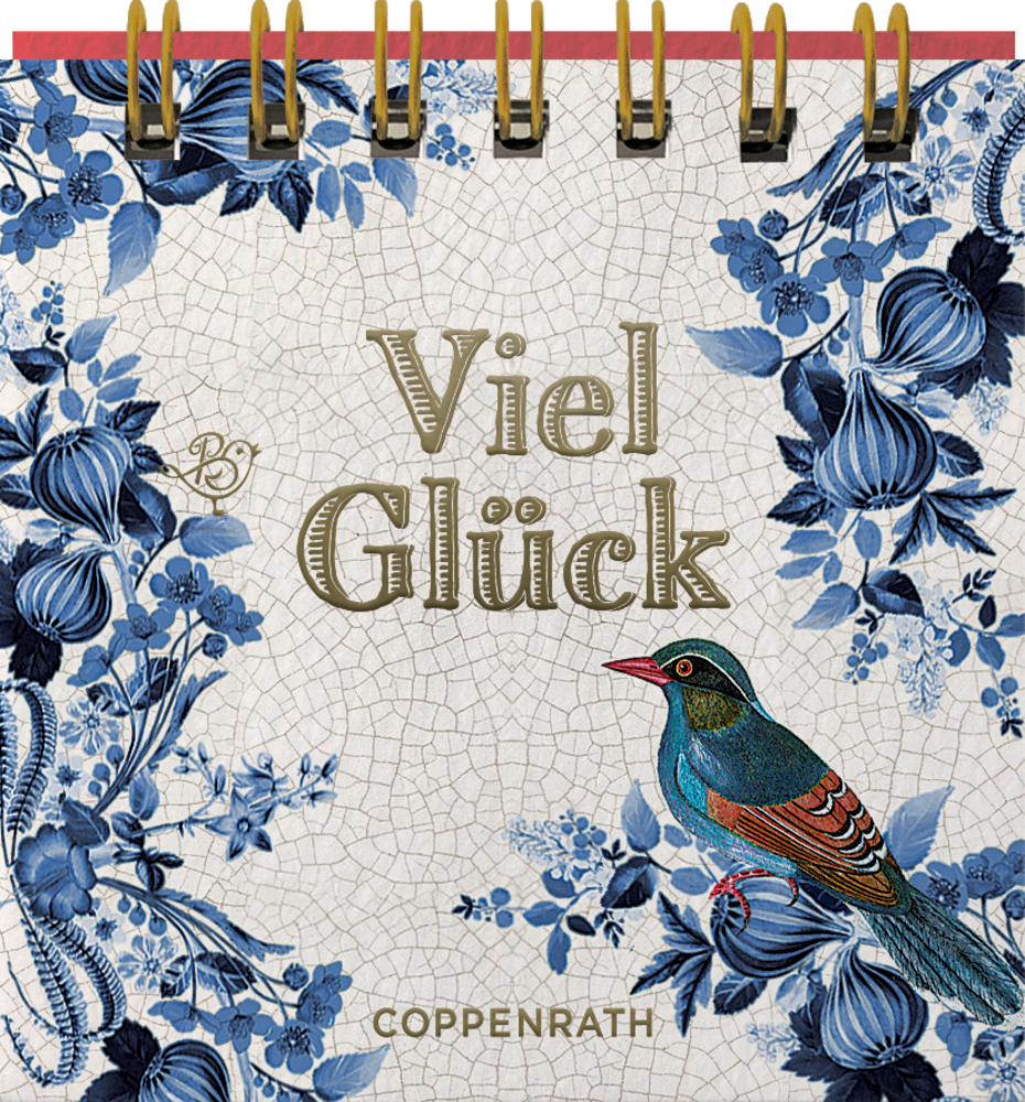 Geblümter Spiralaufsteller in der frontalen Ansicht mit „Viel Glück“, buntem Vogel, blauen Blumen und goldener Spiralbindung.