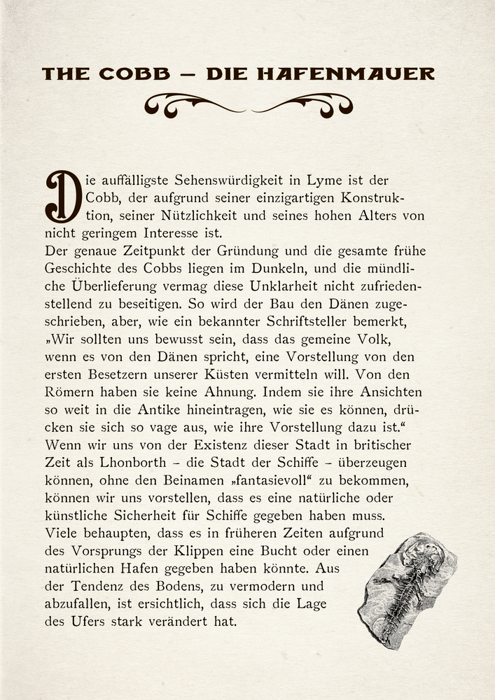 Beilage, eine Seite mit dem Titel „The Cobb – Die Hafenmauer“ mit dekorativen Rändern und einer Abbildung der Hafenmauer.