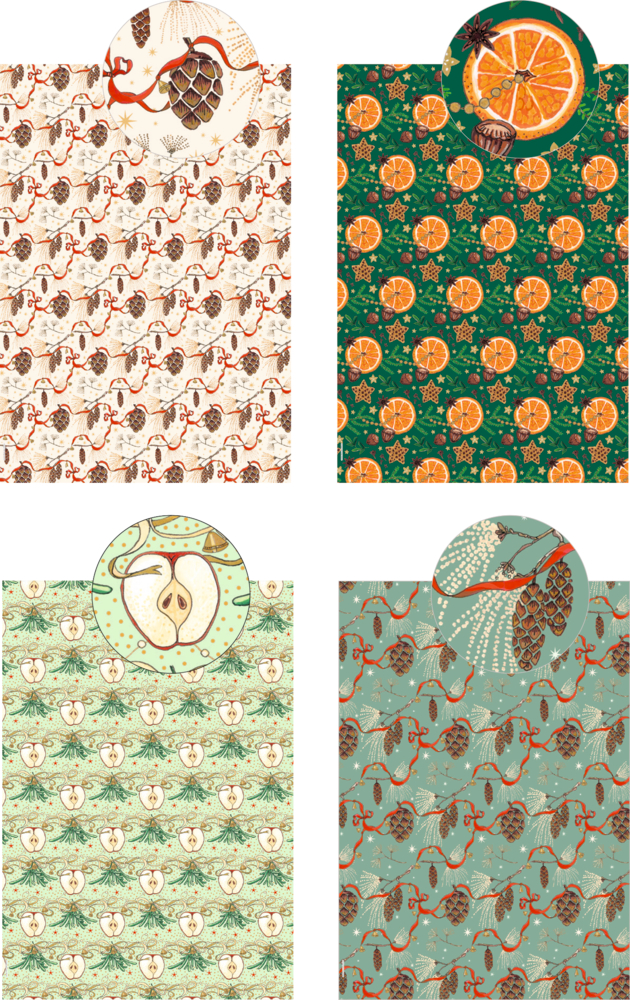 Vier Geschenkpapiermuster mit Tannenzapfen, Orangen, Äpfeln und Zweigen in wiederholten weihnachtlichen Designs in verschiedenen Farben.