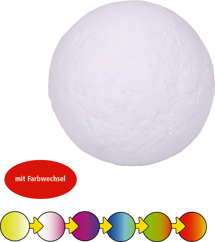 Weiße strukturierte Kugel-Lampe mit „mit Farbwechsel“ in Rot und einer Farbwechselsequenz, die darunter als Kreise angezeigt wird.