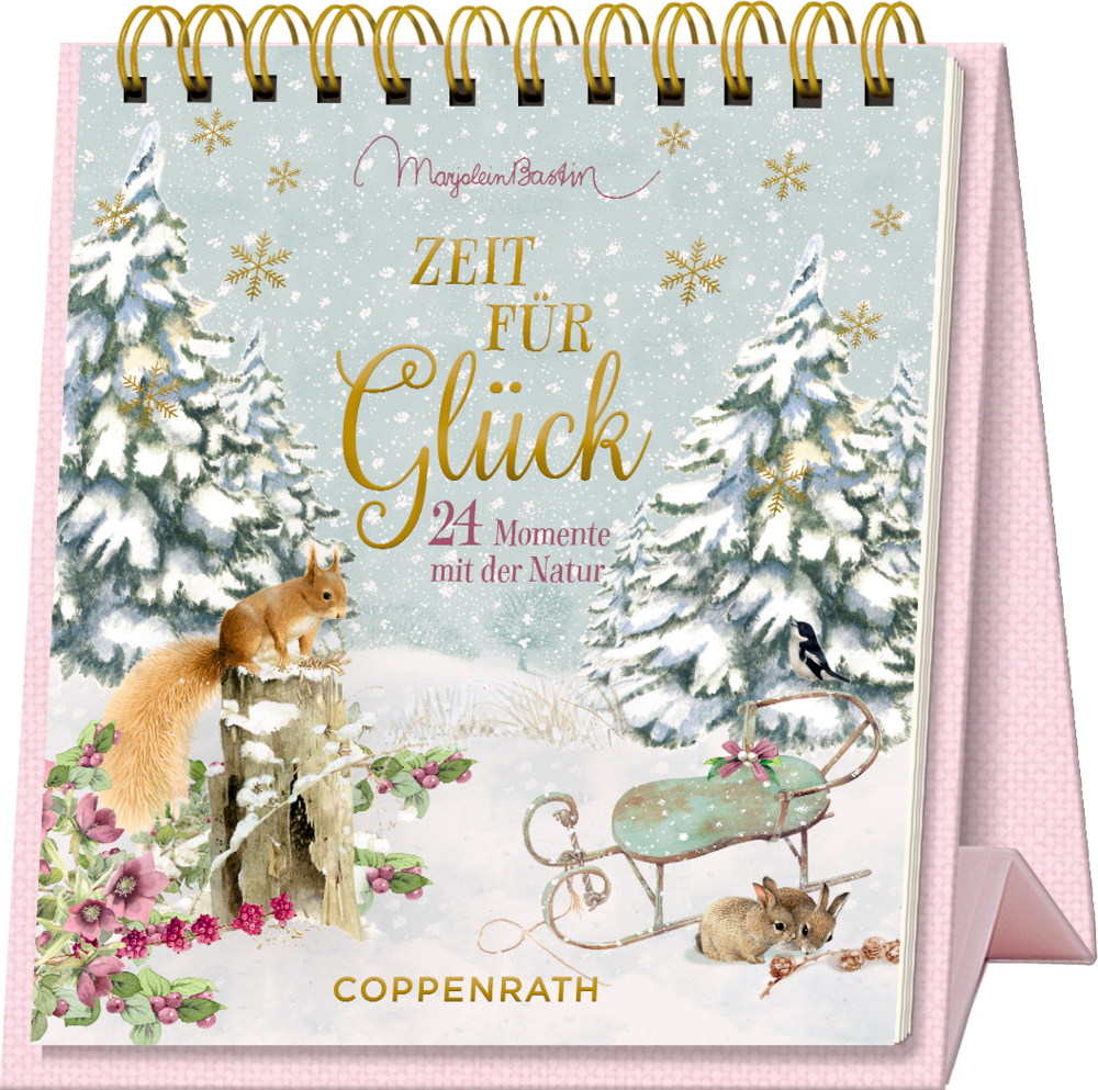 Tischkalender mit winterlicher Illustration, Eichhörnchen auf Baumstumpf, Schlitten, Maus, schneebedeckte Tannen und goldener Schrift.