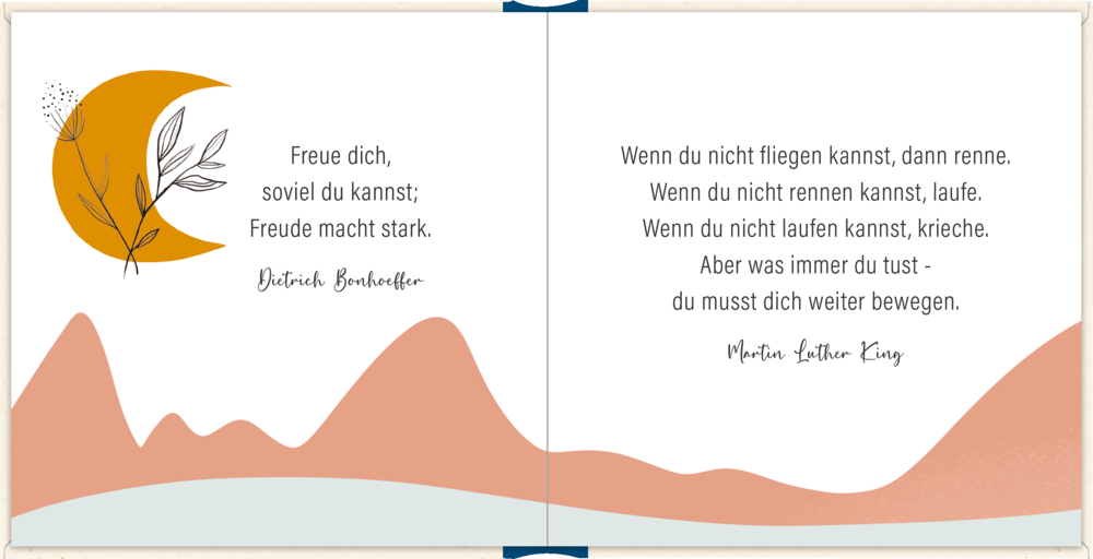 Offenes Buch mit  Motivationszitaten und einem abstrakten orangefarbenen Mond und rosa Bergformen auf beiden Seiten.
