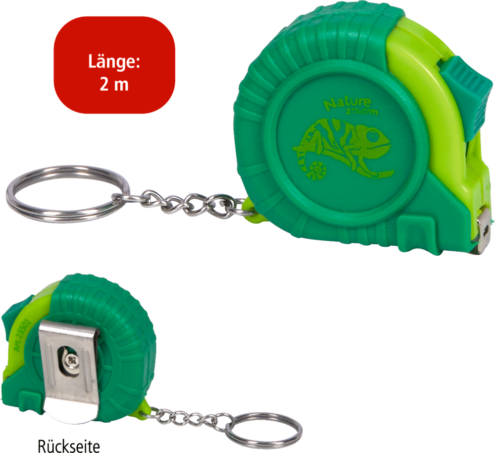 Grünes Maßband mit Schlüsselanhänger, 2 m Länge, mit Metallclip auf der Rückseite.