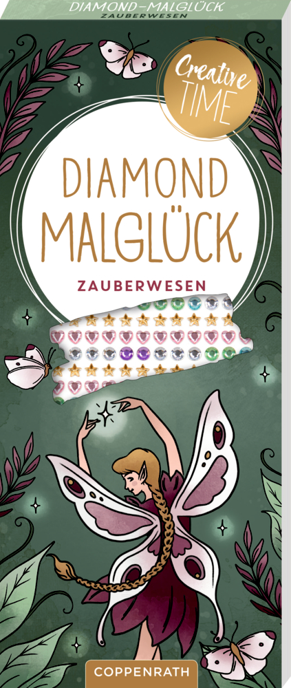 Grünes Malbuch-Cover mit gezeichneter Fee mit Schmetterlingsflügeln, bunten Glitzersteinen und Blätterranken.