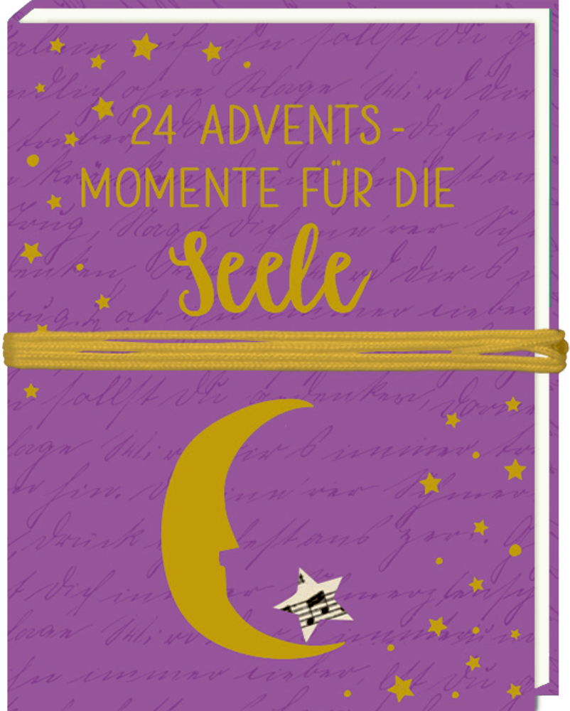 Lila Buch mit gelbem Mond, Sternen und der Aufschrift „24 Adventsmomente für die Seele“, mit goldfarbener Kordel umwickelt.