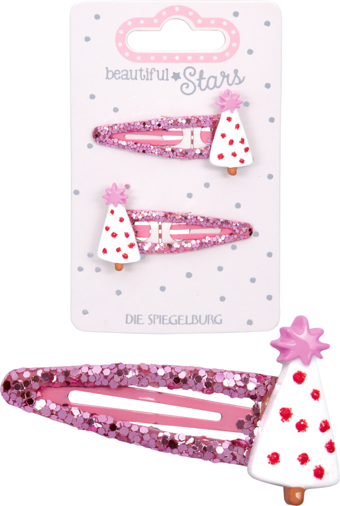 Eine pinke Haarspange mit Glitzer und weißem Baumdekor mit roten Punkten und rosanem Stern oben, dadrüber zwei Haarspangen auf der Produktverpackung.