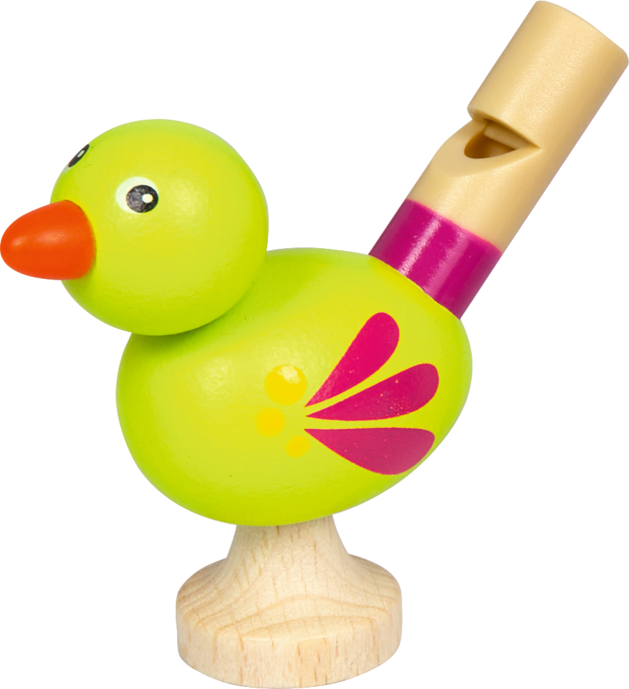 Grüne Holzpfeife in Form eines Vogels mit orangefarbenem Schnabel, pinken Flügelmustern und hellem Holzfuß.