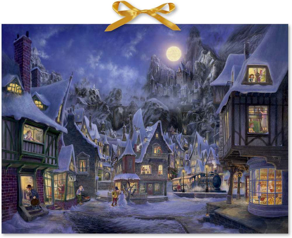 Verschneites Dorf bei Nacht, leuchtende Fenster, Menschen drinnen und draußen, Vollmond scheint über der Bergkulisse.