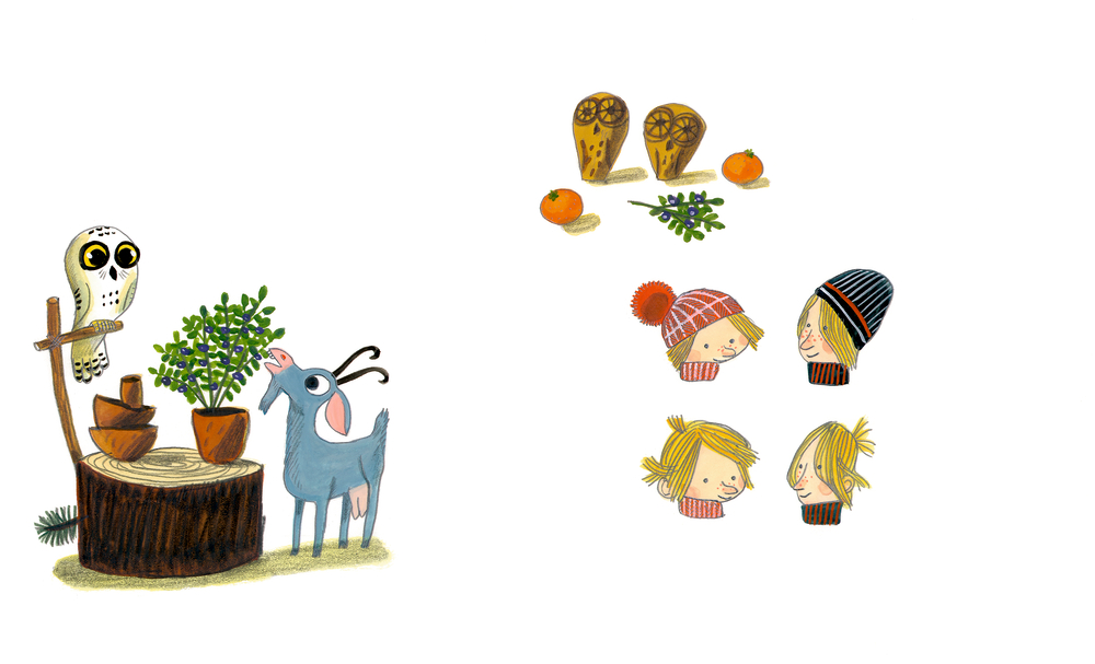 Eule, Ziege, Topfpflanzen, Kinderköpfe mit Hüten sowie Brot, Kräuter und Orangen.