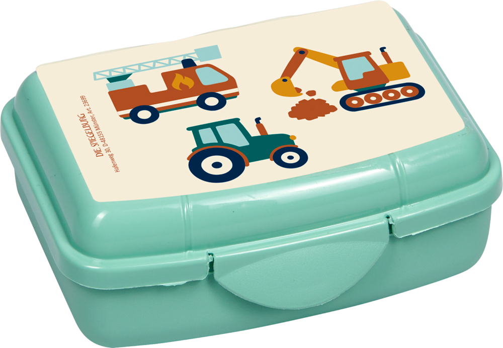 Türkisene Mini-Snackbox mit Aufdruck von rotem Feuerwehrauto, gelbem Bagger und grünem Traktor auf dem Deckel.