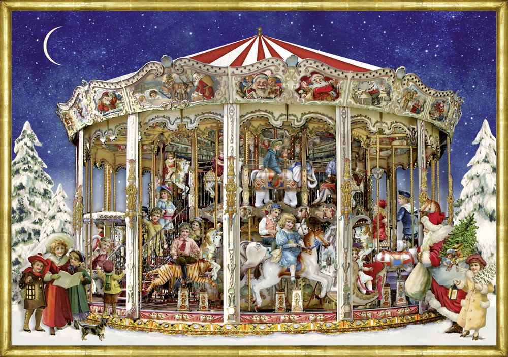 Nostalgisches Karussell mit Kindern, Weihnachtsmann und Tieren in verschneiter, sternklarer Winterlandschaft.