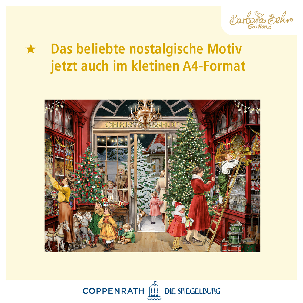 Menschen in Winterkleidung dekorieren einen Weihnachtsladen mit Christbäumen, Geschenken und Spielzeug.