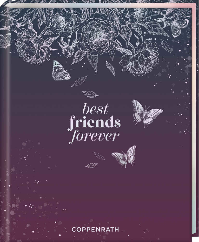 Notizbuch mit der Aufschrift „best friends forever“, floralen Illustrationen und Schmetterlingen auf violettem Hintergrund.