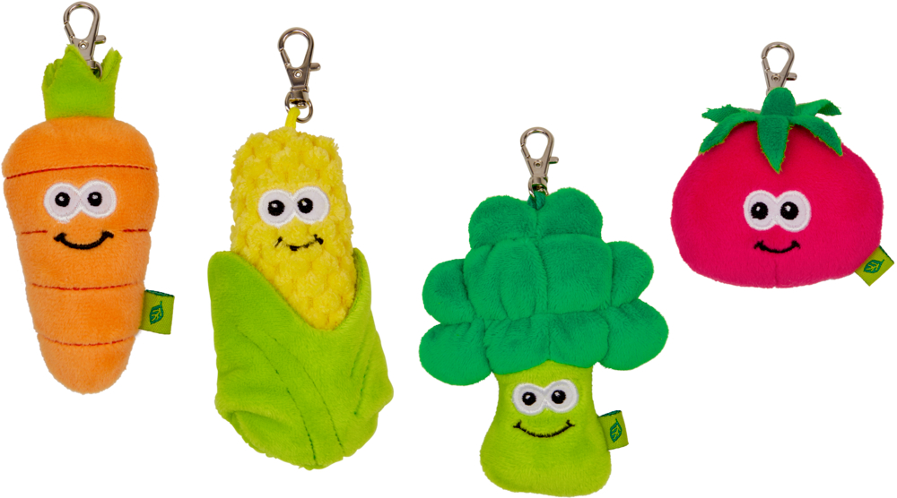 Set mit 4 lächelnden Plüsch-Schlüsselanhängern in Form einer Karotte, eines Maiskolbens, eines Brokkoli und einer Tomate.