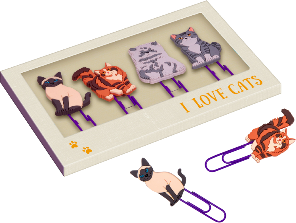 Set aus vier Büroklammern mit Katzenmotiven in verschiedenen Farben und Rassen in Verpackung mit Aufdruck „I Love Cats“.