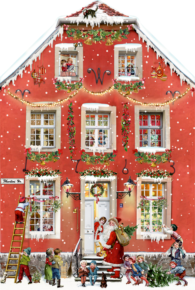 Ein festliches rotes, weihnachtlich geschmücktes Haus mit Kindern, dem Weihnachtsmann und Schnee draußen.