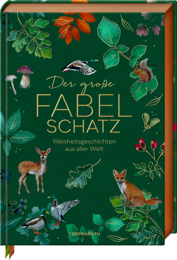 Grünes Buch mit goldener Aufschrift, illustriert mit Reh, Fuchs, Eichhörnchen, Enten, Blättern, Pilzen und Beeren.