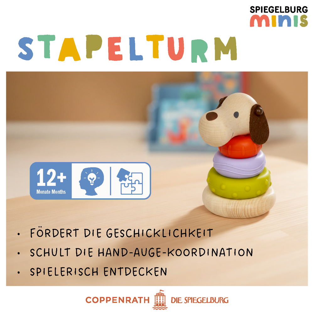 Holzspielzeug Hund mit bunten Ringen steht auf einem Tisch. Text im Bild weist auf Alter ab 12 Monaten hin.