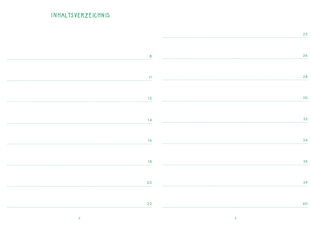 Doppelseite mit grünem Titel „Inhaltsverzeichnis“, Punktlinien und Seitenzahlen von 8 bis 40 in zwei Spalten.