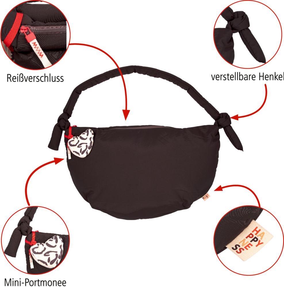 Anthrazitfarbene Schultertasche mit verstellbarem Henkel, rotem Reißverschluss, kleinem Herz-Mini-Portemonnaie und Etikett mit Aufdruck.