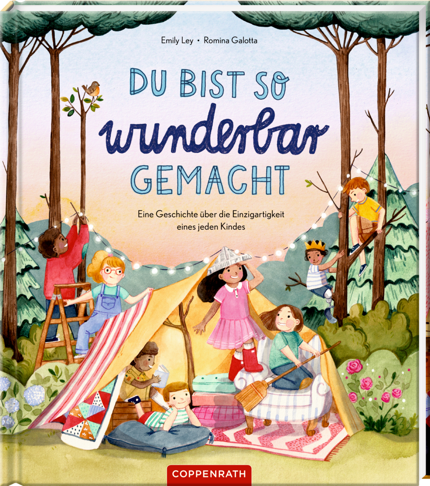 Buntes Buchcover mit Kinder, die draußen zwischen Bäumen und in einem selbst gebauten Zelt spielen.