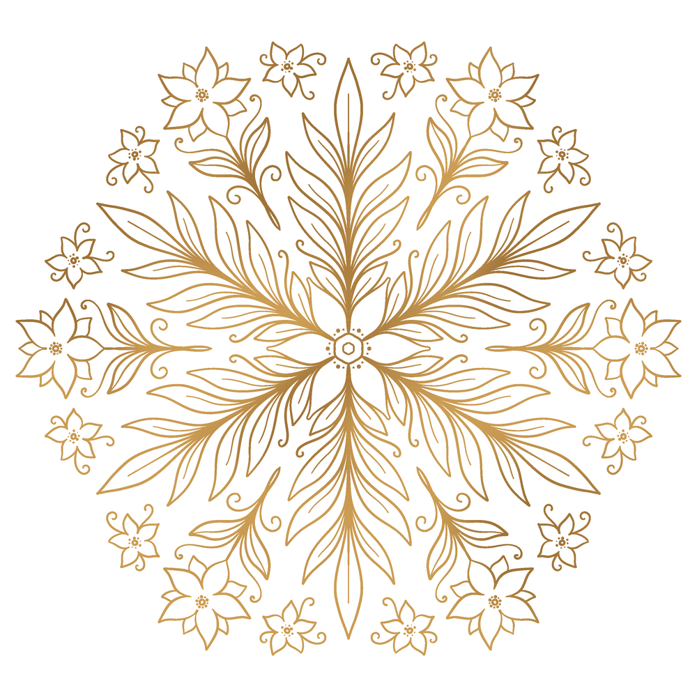 Symmetrisches Mandala aus goldenen Linien mit Blättern und Blüten auf weißem Hintergrund.