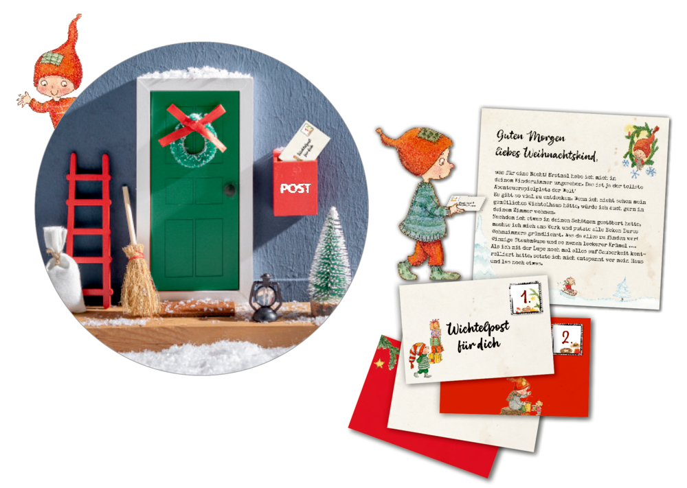 Abbildung einer grünen Tür, die weihnachtlich mit Notizen und einer festlichen Elfenfigur dekoriert ist.