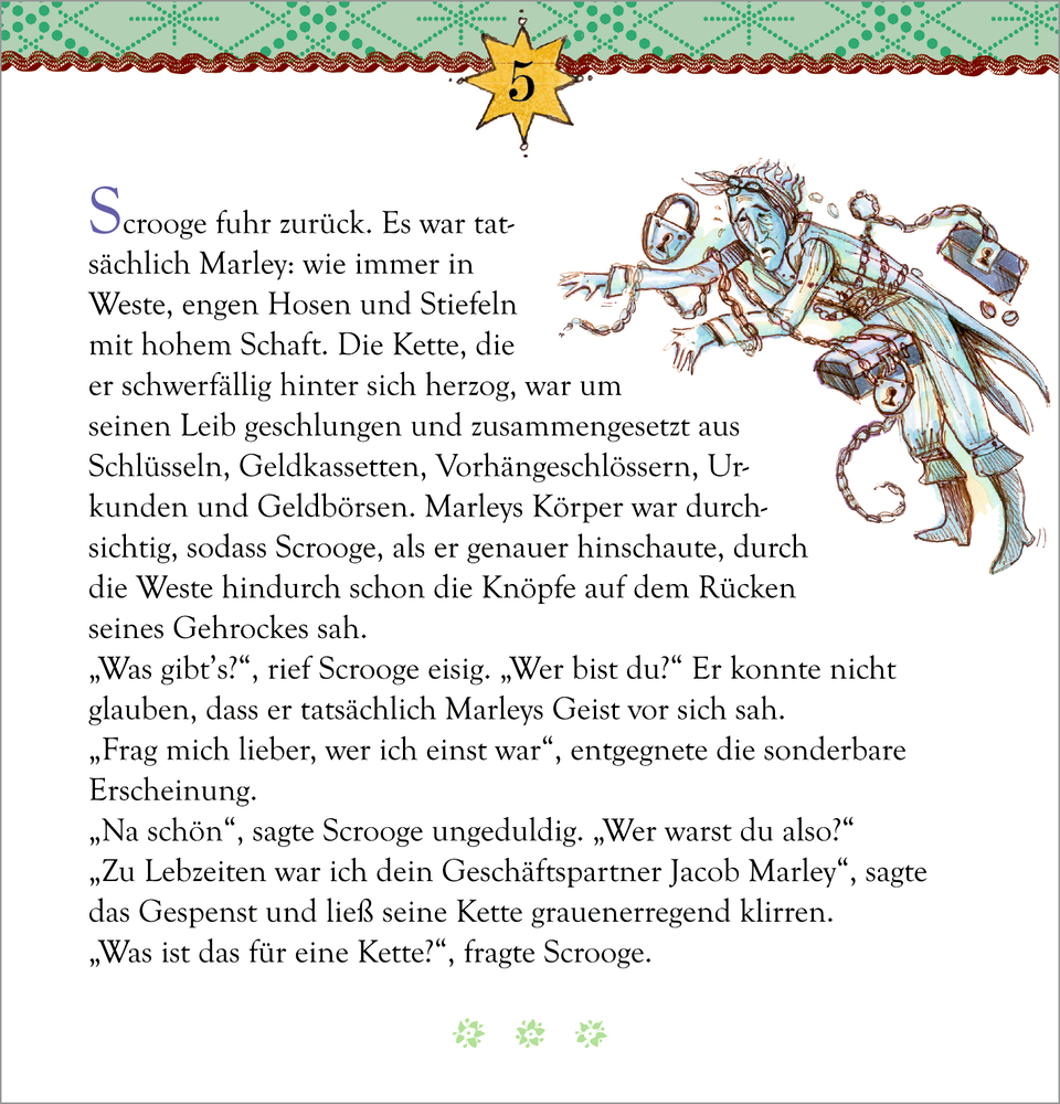 Zettel Nummer fünf mit Geister-Illustration und einem Ausschnitt aus „Eine Weihnachtsgeschichte“.