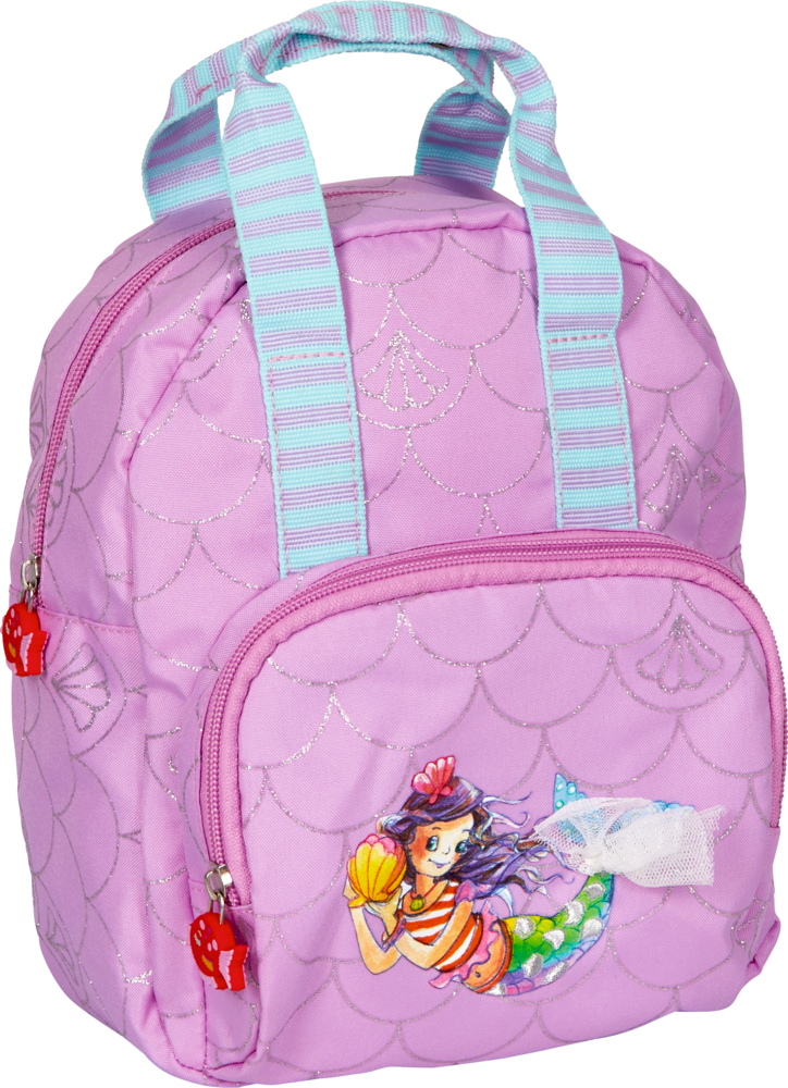 Rosa Rucksack mit blau gestreiften Griffen und Meerjungfrauen-Illustration auf der Vordertasche.