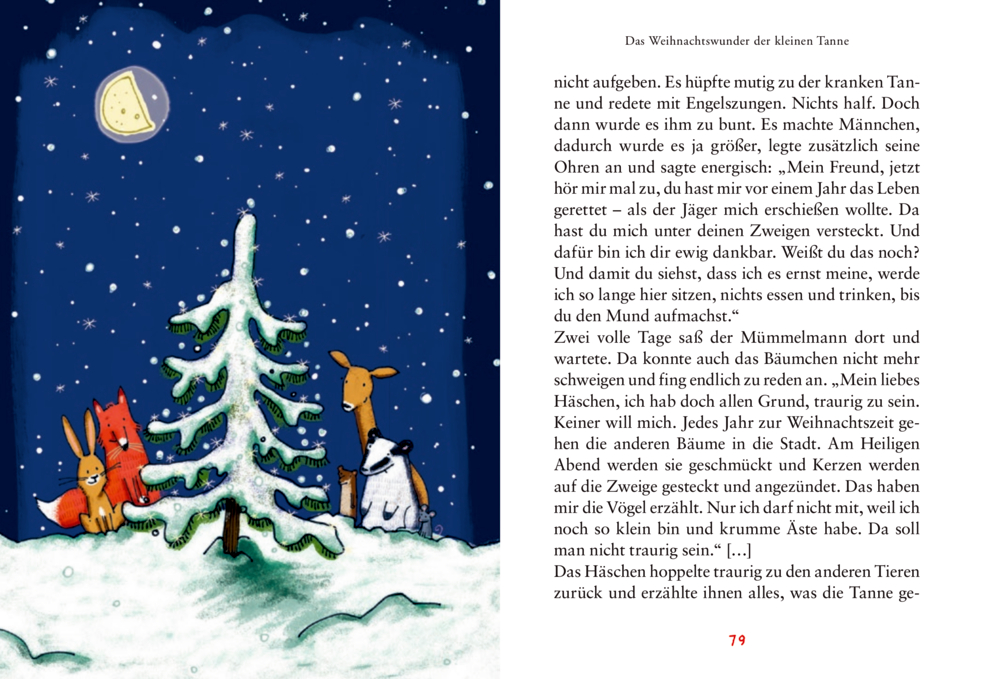 Ein Kaninchen, ein Fuchs und ein Eichhörnchen sitzen nachts unter Sternen und Vollmond an einem verschneiten Baum, auf einer Doppelseite.