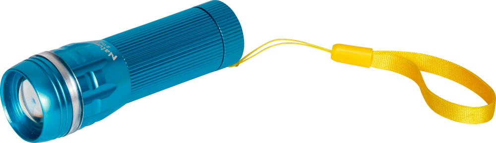 Blaue Taschenlampe mit gelbem Armband am Ende, vor weißem Hintergrund.