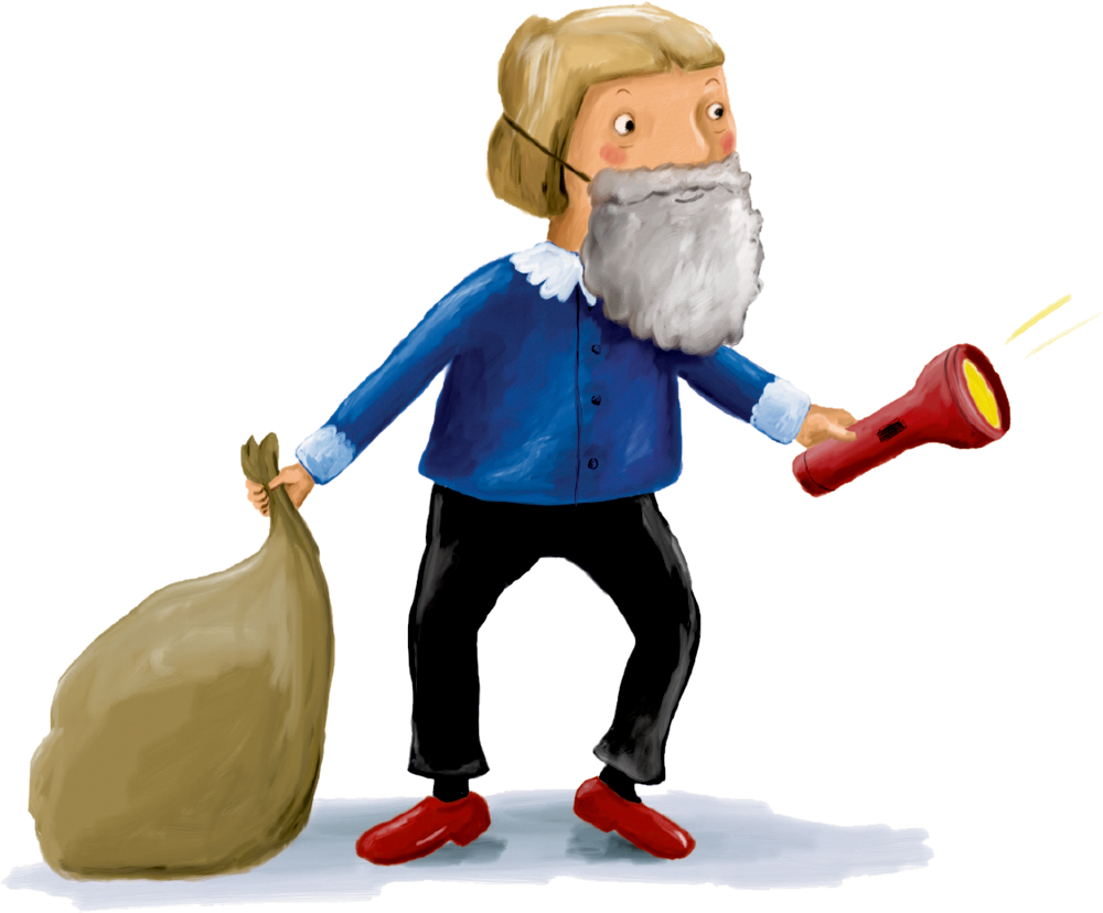 Illustration einer Person mit falschem Bart, die mit einer Taschenlampe und einem Sack herumschleicht.