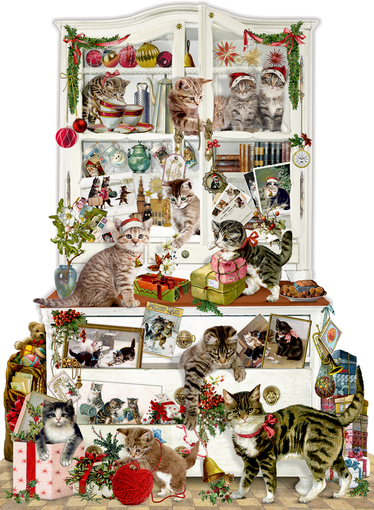 Ein Weihnachtsschrank, geschmückt mit verspielten Katzen, Geschenken, Ornamenten und festlicher Dekoration.