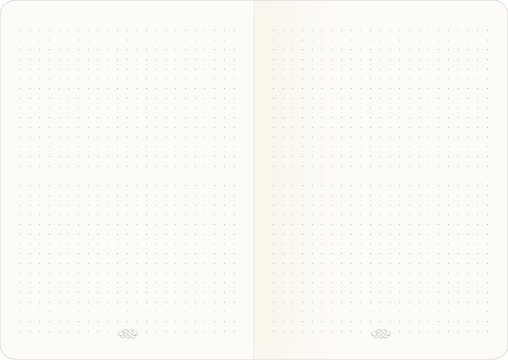 Offenes gepunktetes Notizbuch mit zwei leeren Seiten, die jeweils unten in der Mitte ein dekoratives Symbol aufweisen.